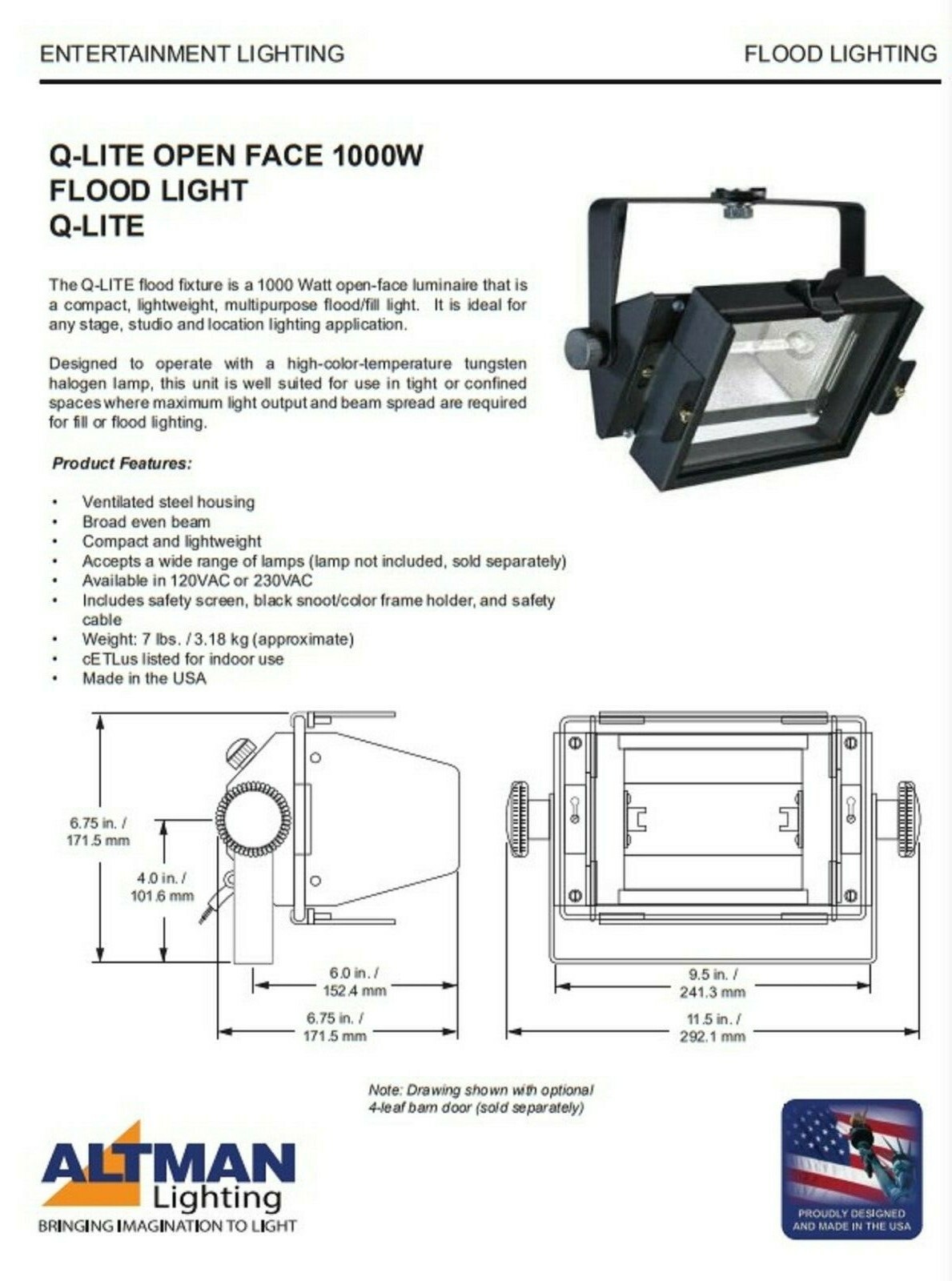 Altman Q-LITE 1000W Open Face Flood Light Fixture Stage Studio Lighting