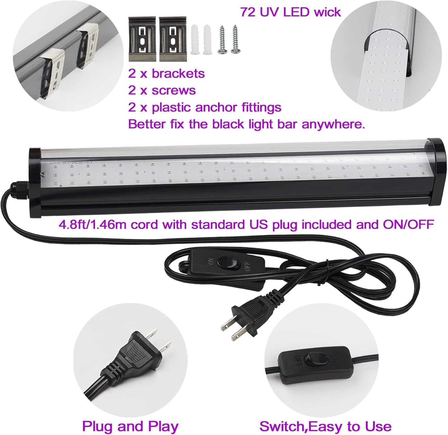 UV Black Light Bar Fixtures Ultraviolet Lamp Strip US Plug DJ Party Club 48LED