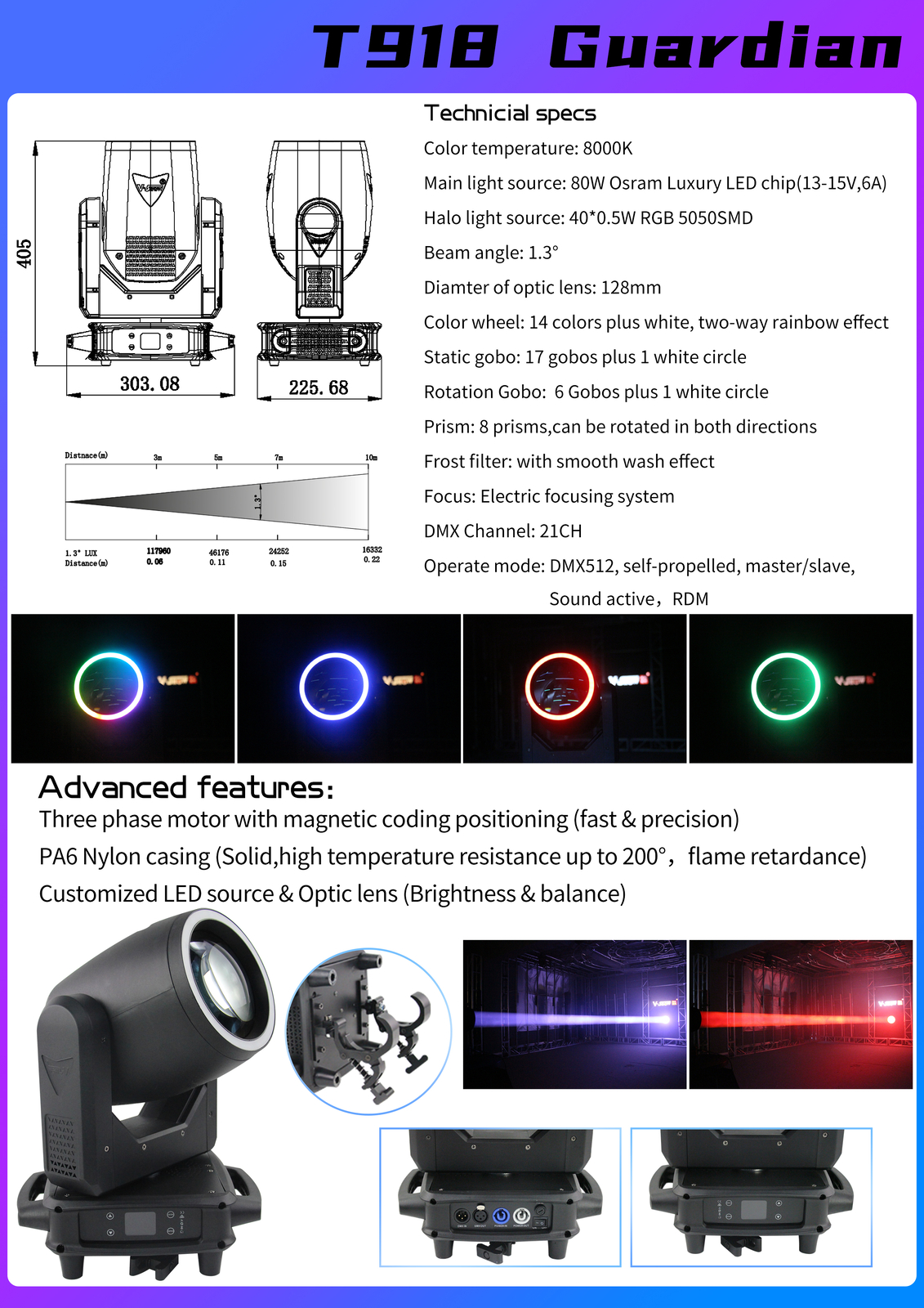V-Show Stage Light T918 Guardian Halo Effect Led 80W Beam Lighting for DJ Disco