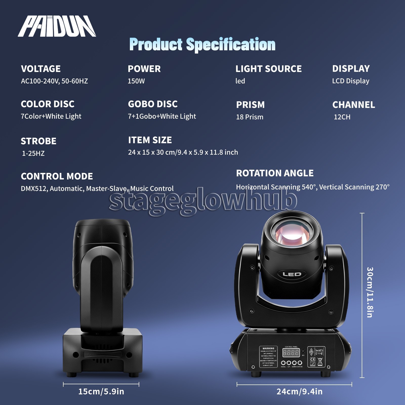 PAIDUN 150W LED Gobo Moving Head Light DMX512 DJ Disco Bar Party Stage Lighting