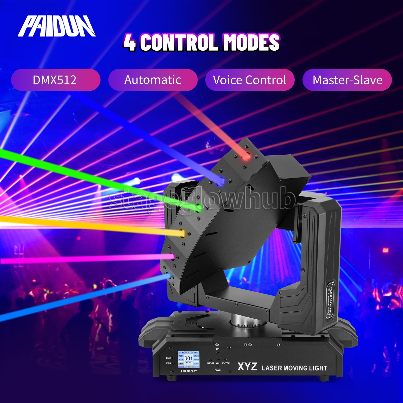 PAIDUN 6 Eyes RGB XYZ Axis Moving Head Laser Stage Light DMX512 Music Control