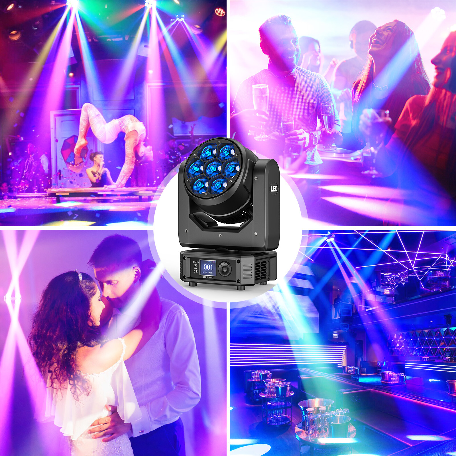 UKING Bee Eye LED 7x50W RGBW Beam Wash Zoom Moving Head Stage Light DJ Disco Bar