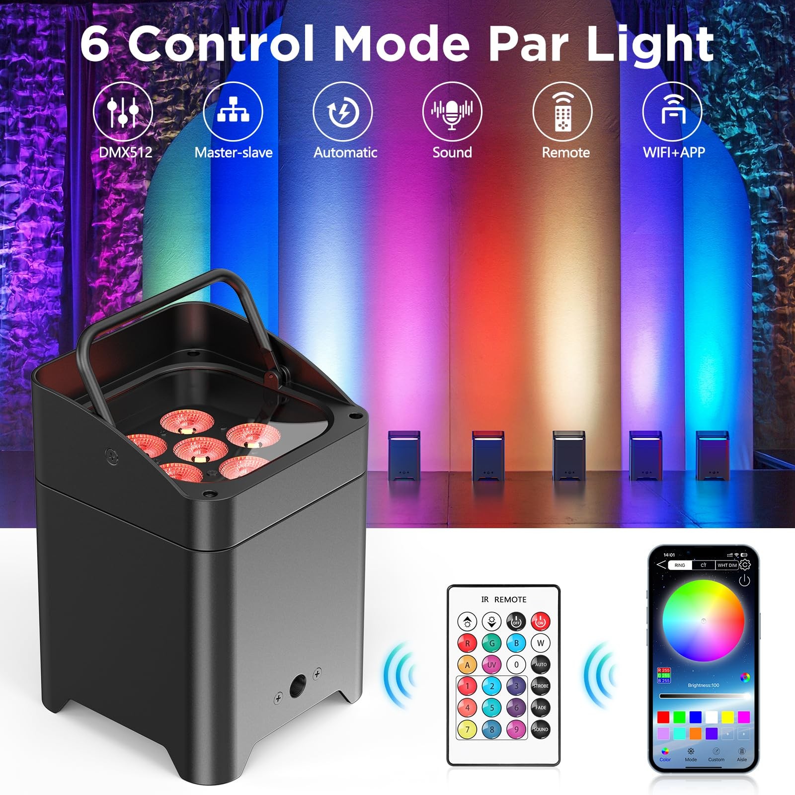 Battery Powered Uplights Rechargeable Par Can 6x18W RGBWA+UV LED Uplight 9600…