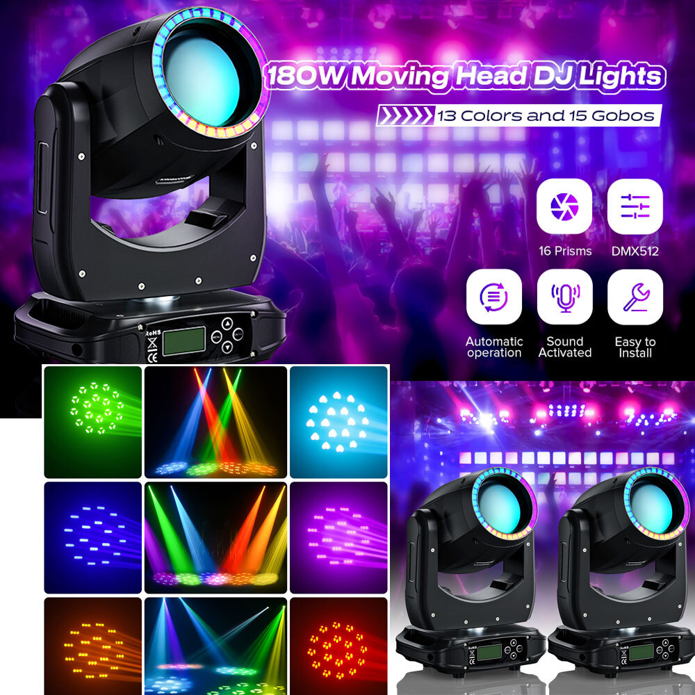 180W LED Beam Moving Head Stage Lighting DMX512 8Prsim 15Gobos 13Colors DJ Light