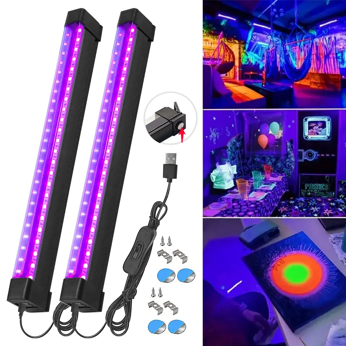 6PCS UV Black Light Bar Fixtures Ultraviolet Lamp Strip USB DJ Party Club