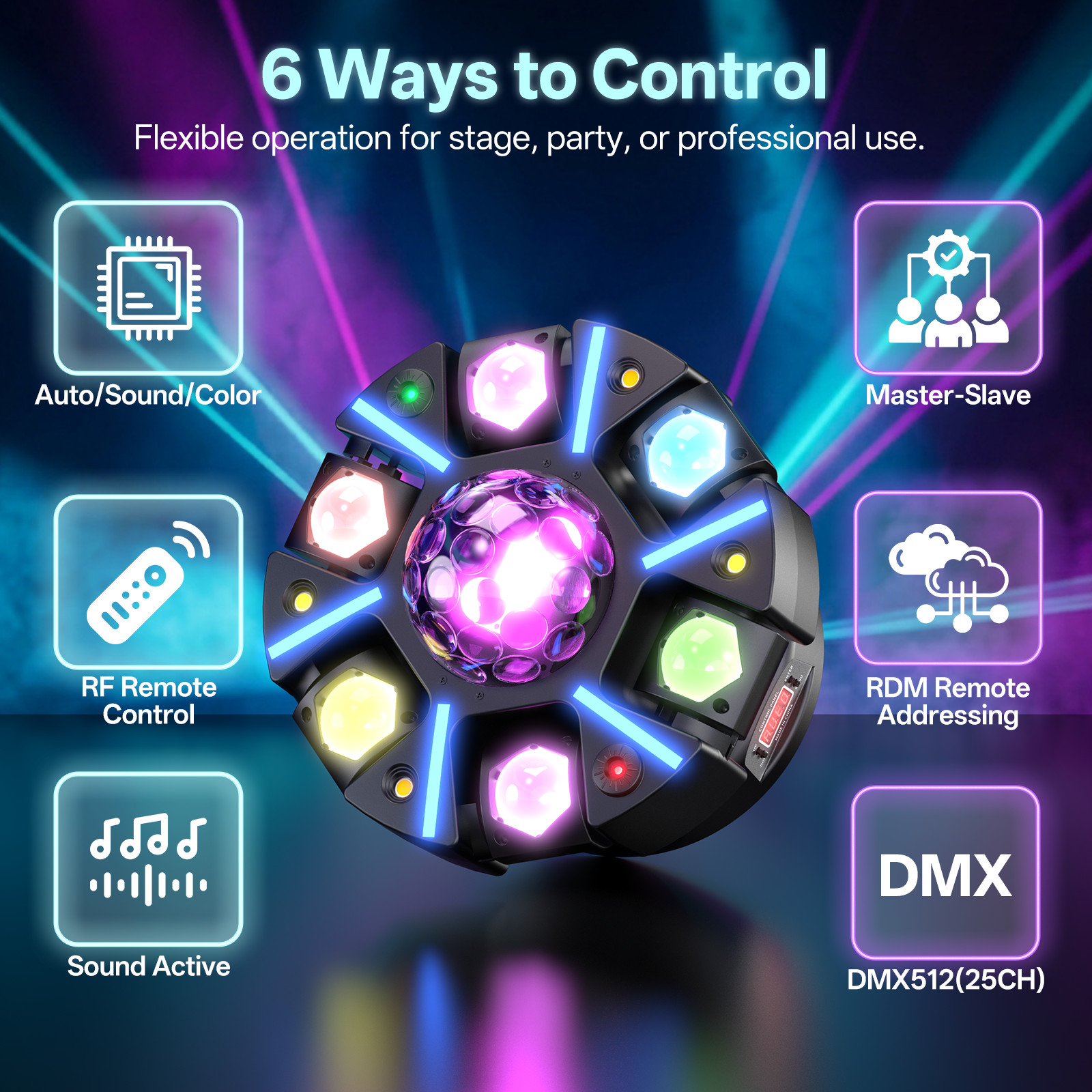 6-Arm 200W DJ Stage Light Magic Ball Laser Beam DMX512 Sound Active Party Beam