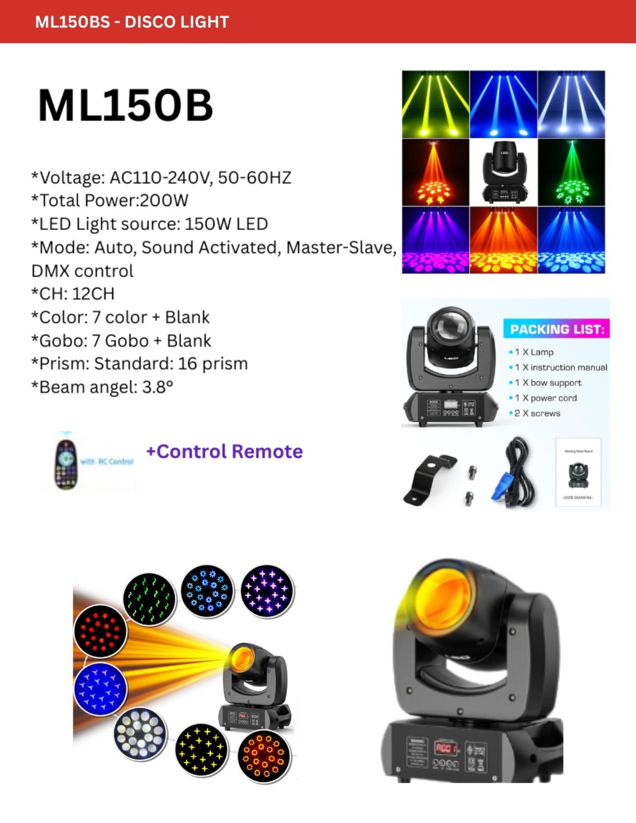 ML150BS LED Party Lights Auto Sound Activated 16-Prism Standard 7-Color 7-Gobo