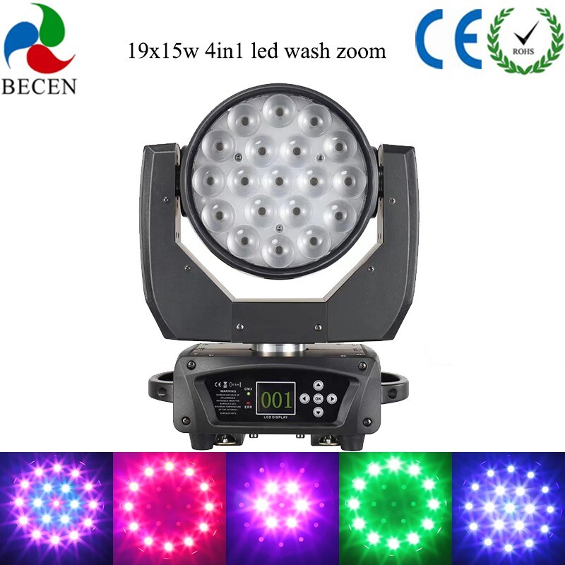 BECEN 1pcs DMX512 19x15w RGBW 4in1 Led Wash Zoom Moving Head Light Show Lights