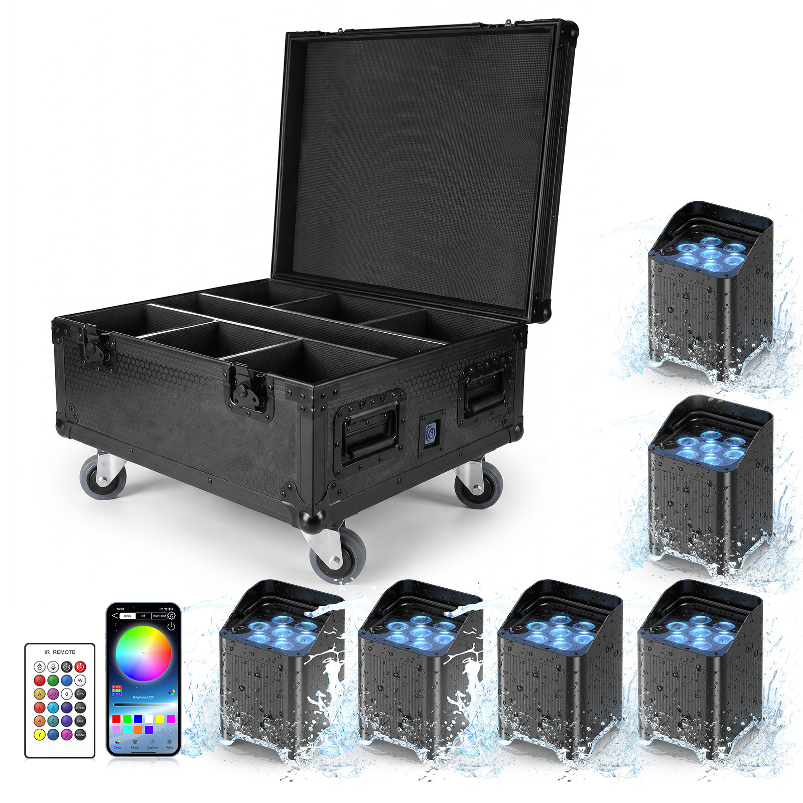 6Pcs Waterproof Wifi APP Smart LED Par Light 7x20W RGBAW+UV Battery w/Flightcase