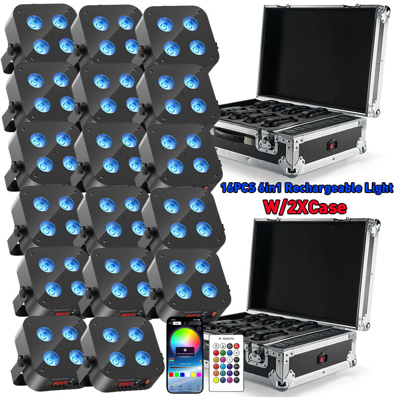 8PCS 4x25W Wireless Par Light Battery RGBWA+UV 4 LED Uplight Rechargeable Case