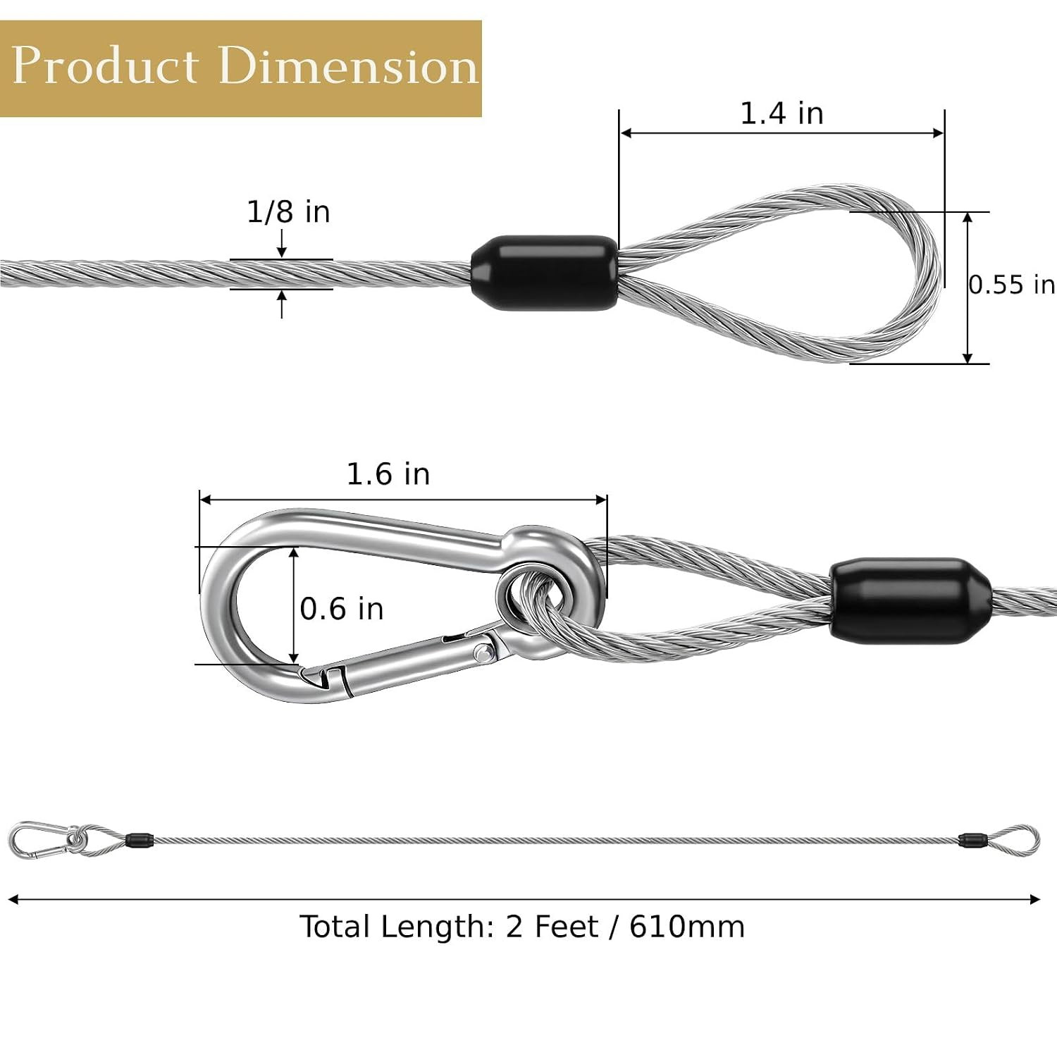 10 Pack 2Ft Stage Light Safety Cables for Stage DJ Party Lights, 1/8″