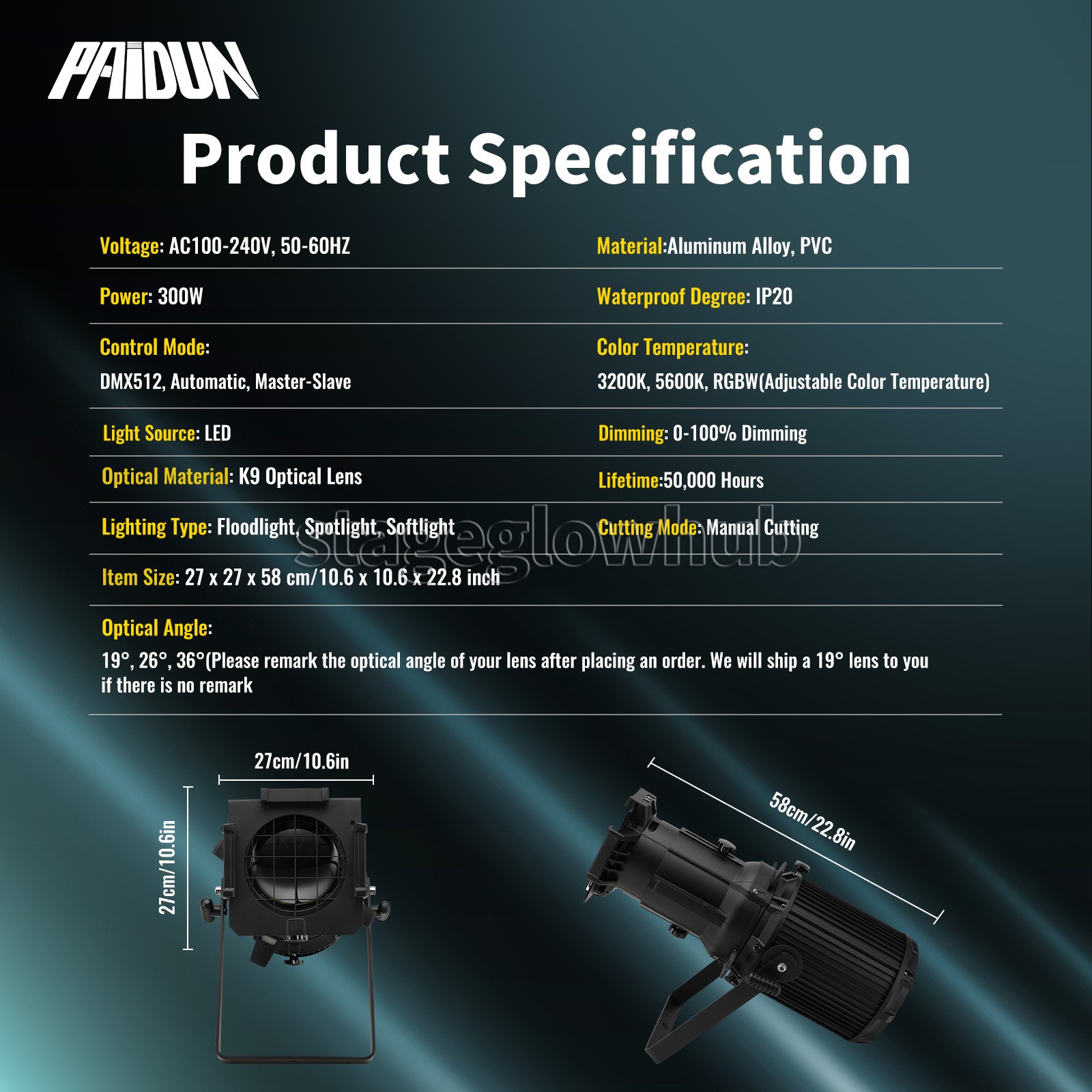 PAIDUN LED RGBW 300W LEKO Profile Spotlight Warm Cool White Focus Spot Lighting