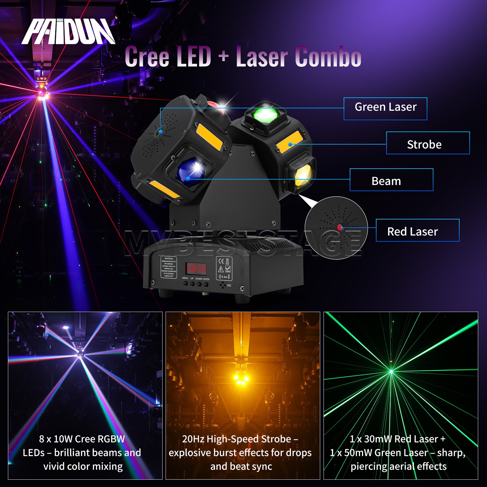 PAIDUN 120W Dual Heads Rotation Moving Head Disco Light Laser Beam Music Control