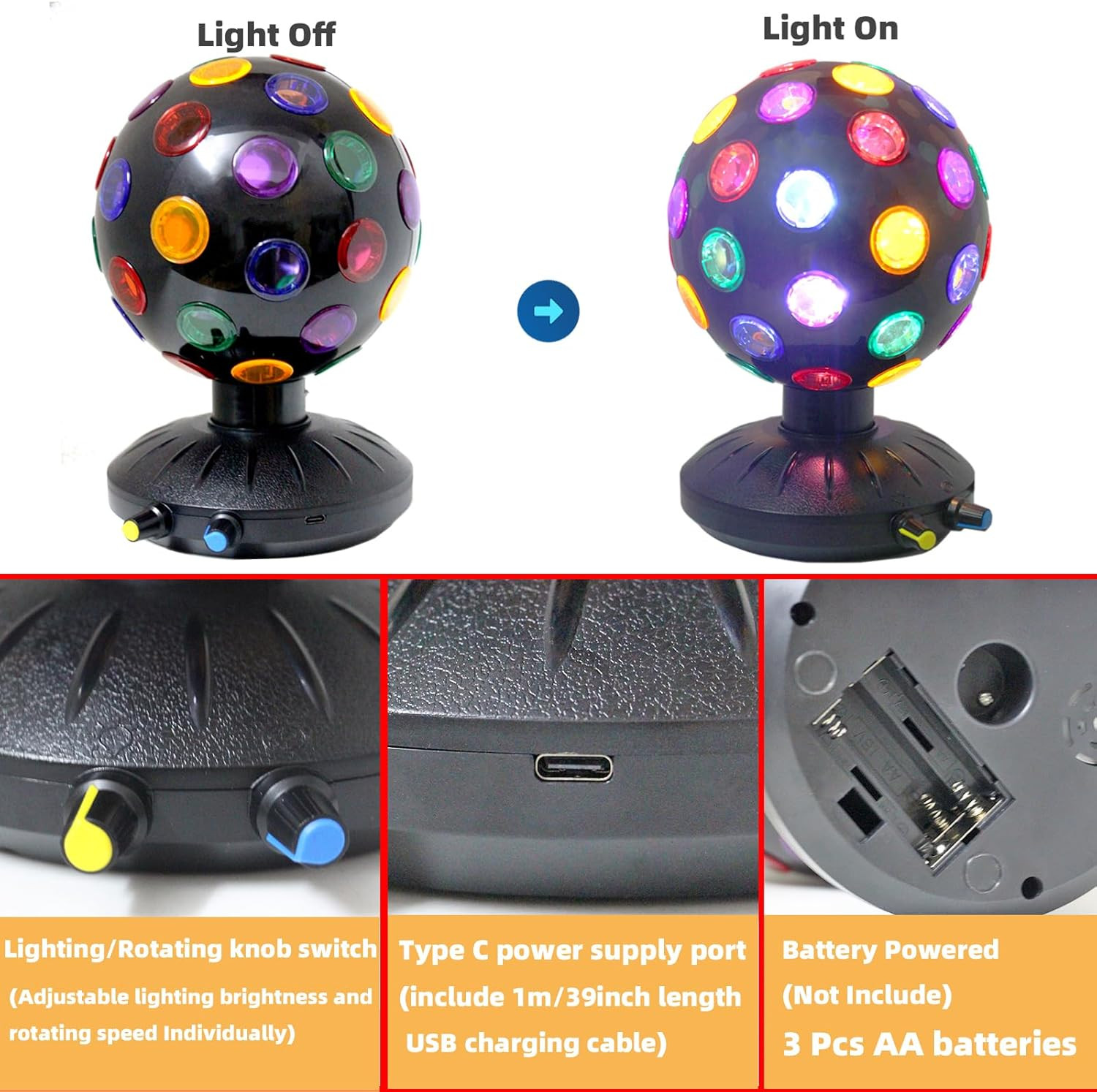 Spinning Disco Ball LED Night Light Projector 360° Rotary Speed/Brightness Adjus