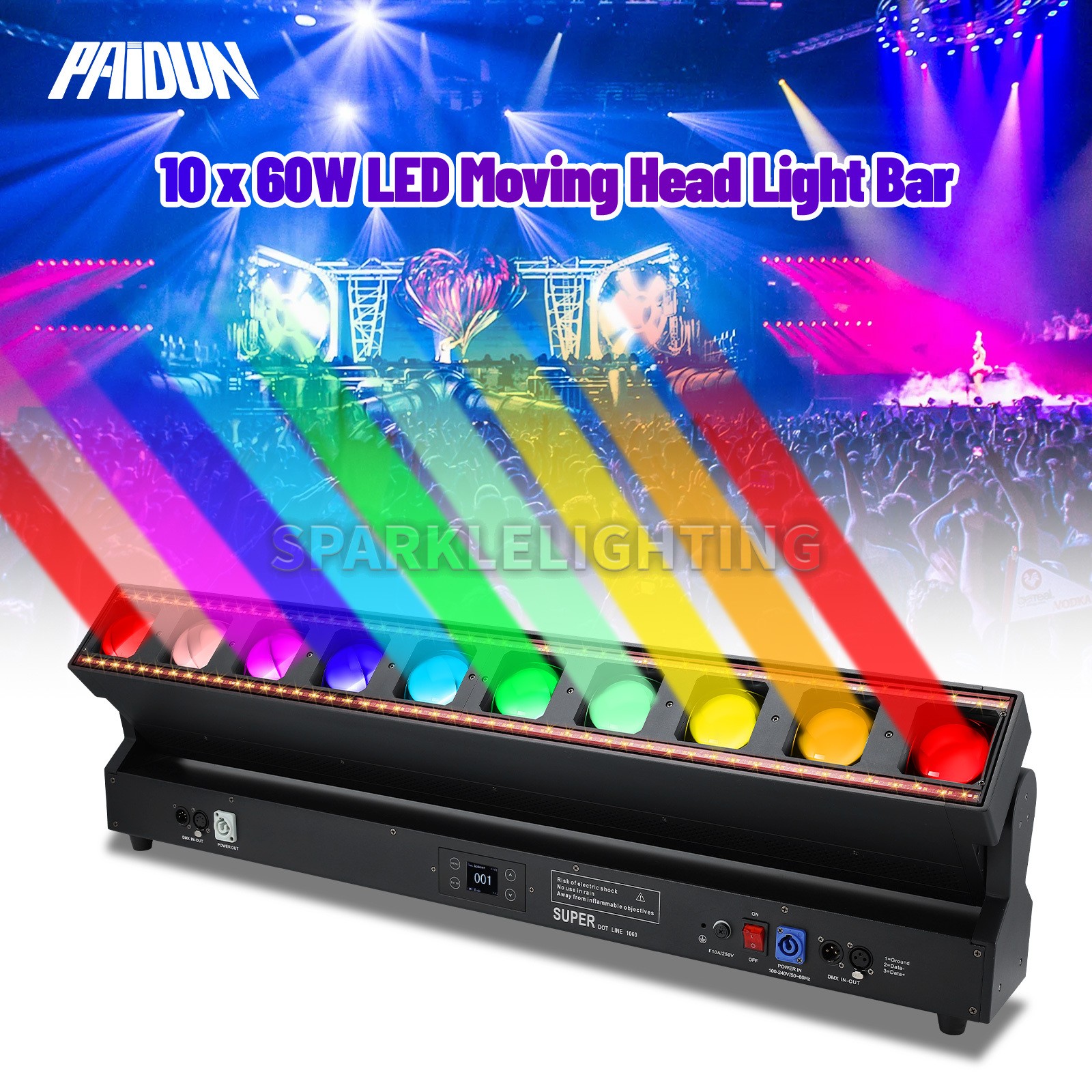 PAIDUN 10x60W Zoom Moving Head Light Bar DMX Music Control Disco Show Party Club