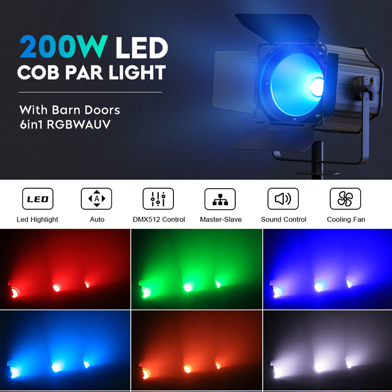 200W RGBWA+UV 6IN1 LED Par Stage Lighting DMX Cob Par Can DJ Club Disco Light US