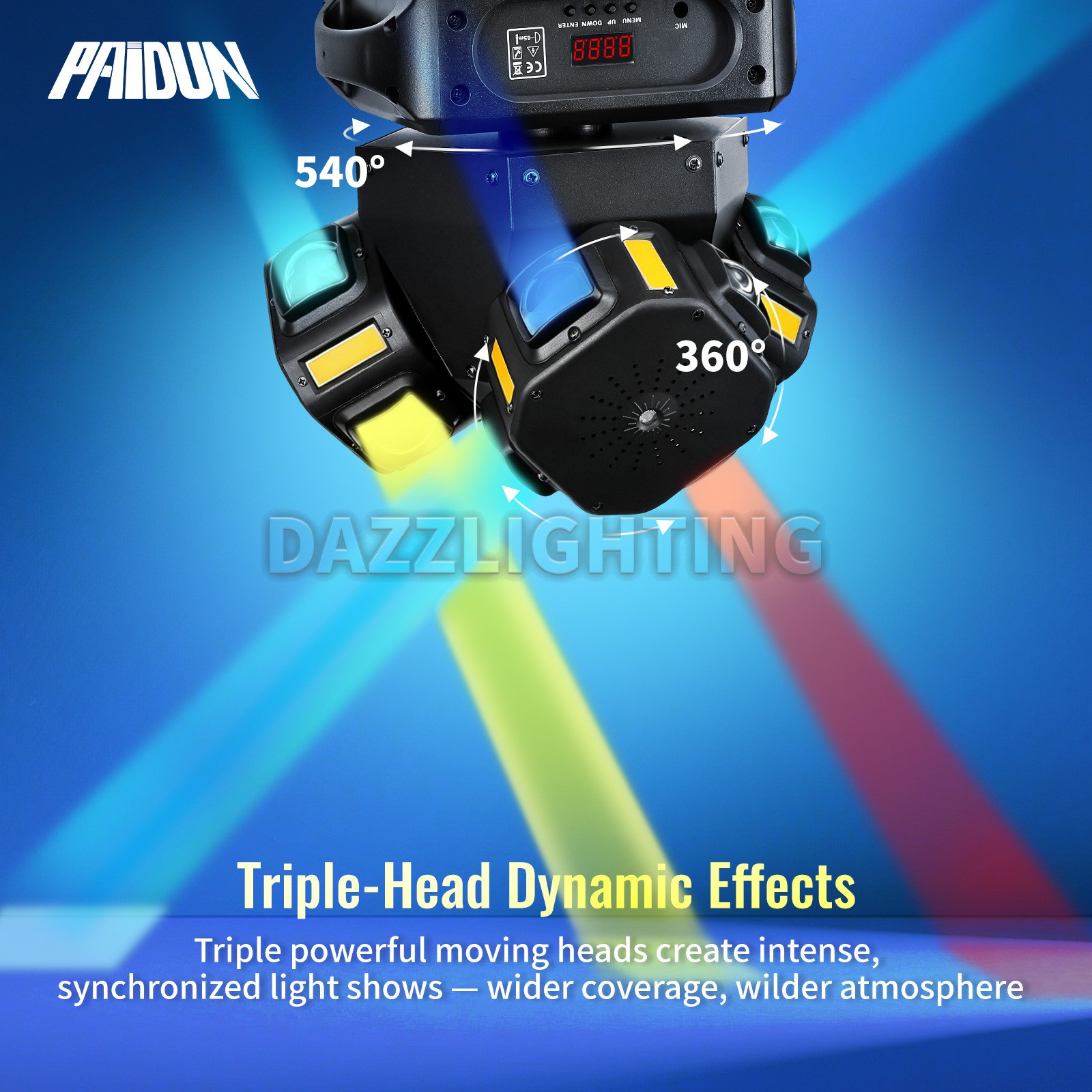 PAIDUN 3Heads Rotation LED RGBW Moving Head Disco Light Beam Strobe Laser Effect