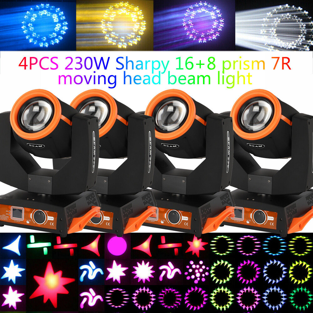 4PCS 230W 7R Zoom Moving Head Beam Sharpy Light 16+8 Prism Strobe DMX 16Ch Party
