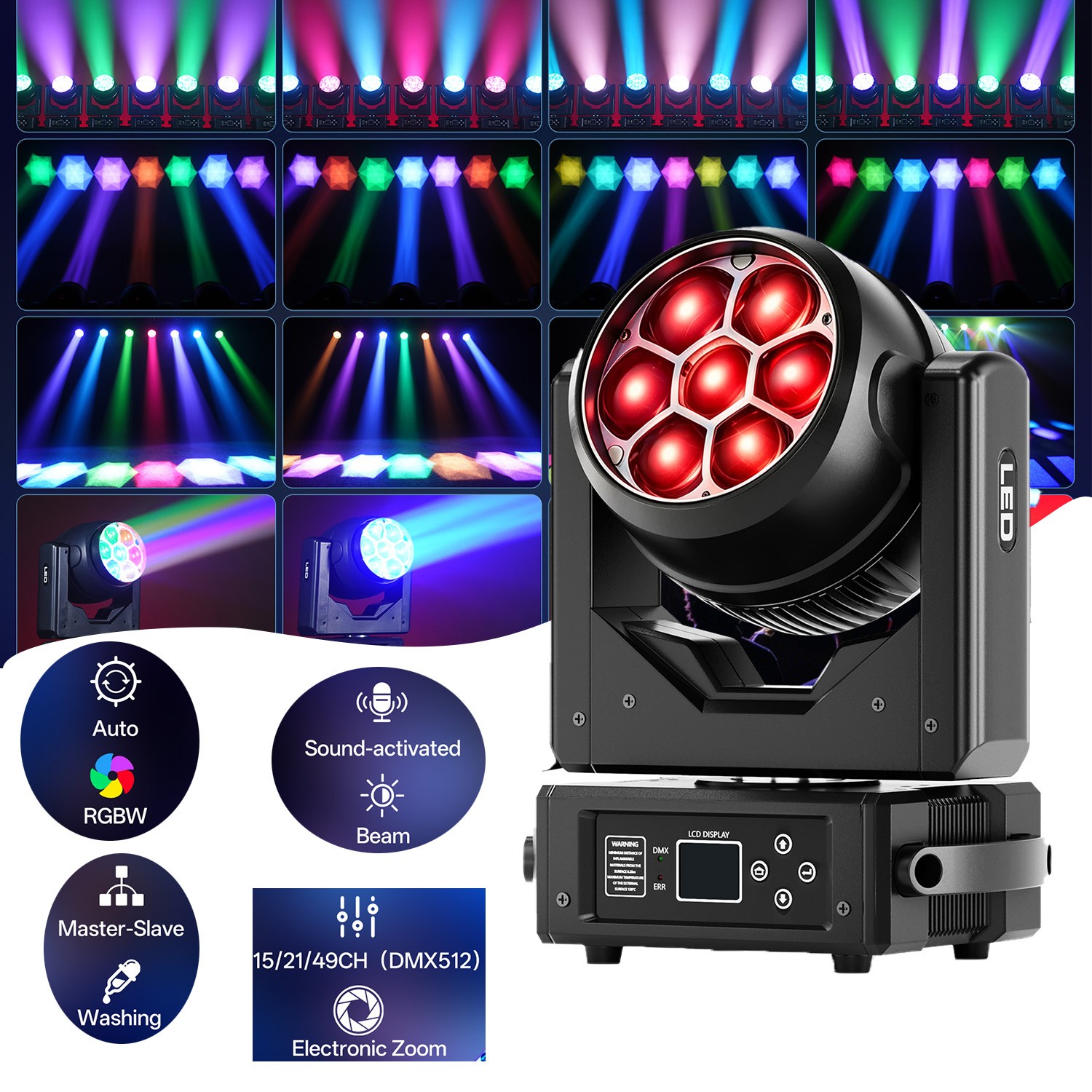 7x40W RGBW LED Zoom Moving Head Wash Light DMX512 Strobe Party Bee Eye Lighting