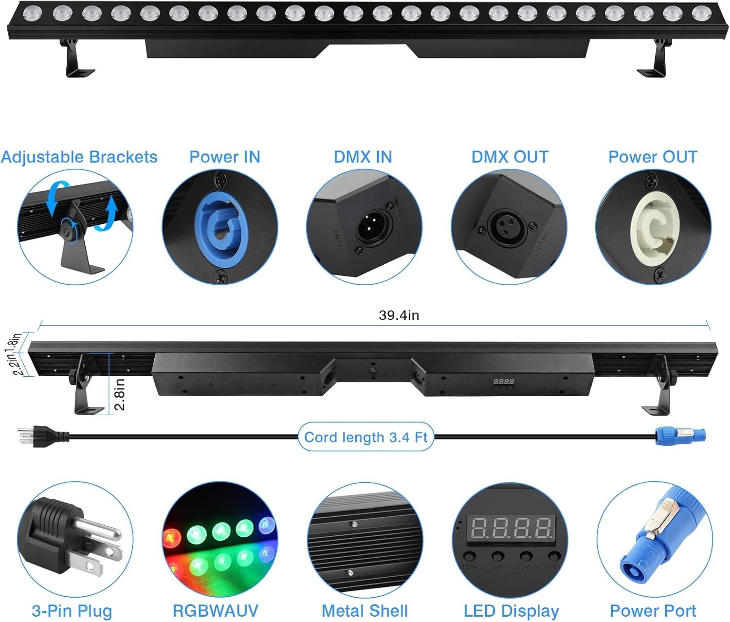 LED Stage Wash Light Bar – 150W 6IN1 RGBWA+UV Color Changing Linear Wall Wash…