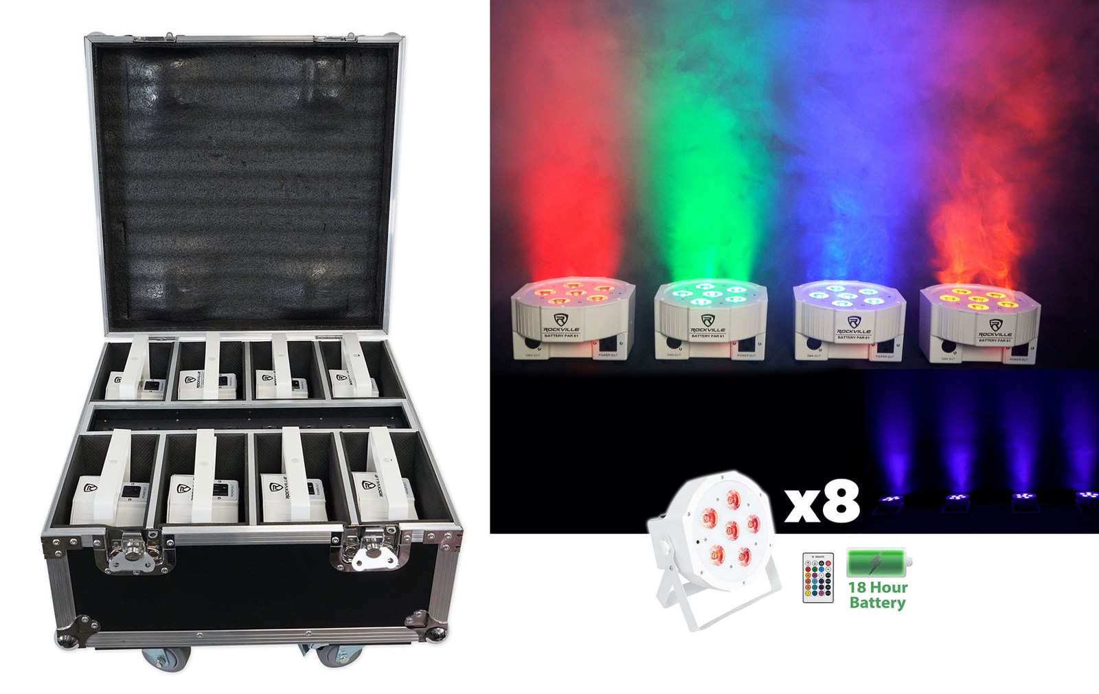 Rockville BATTERY PAR PACK 61 V2 White 8) Rechargeable Wash Lights+Charging Case