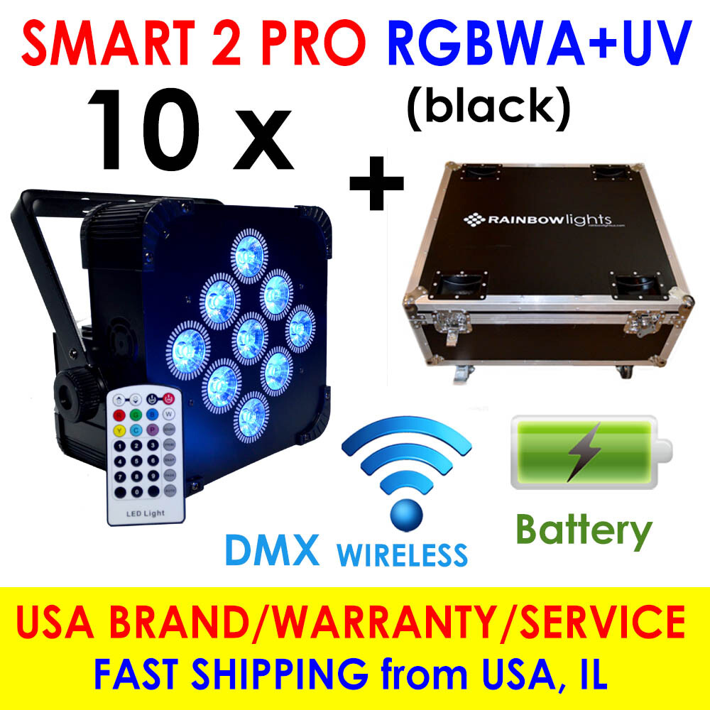 10 x LED Uplighting + CASE – 9x18W RGBWA+UV Battery Powered Par can DJ Uplights