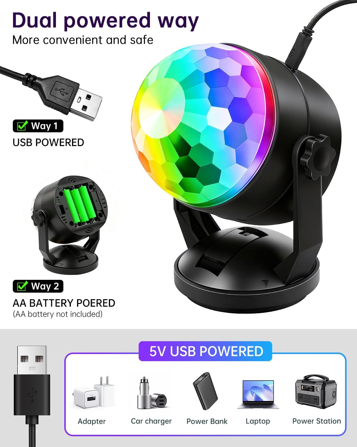 2-Pack Portable Sound Activated Party Lights Indoor, Battery Powered/Usb Dj Disc