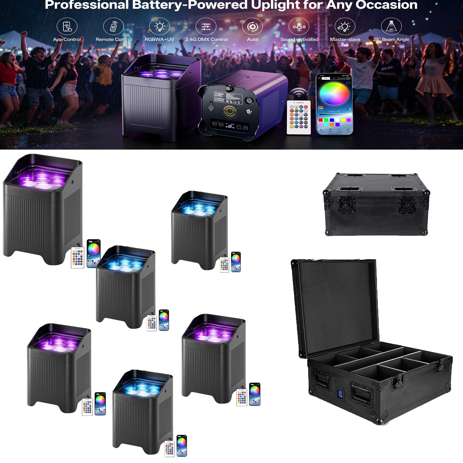 140W IP65 Waterproof Par Light RGBWA+UV Battery Outdoor APP DMX Party Show Bar