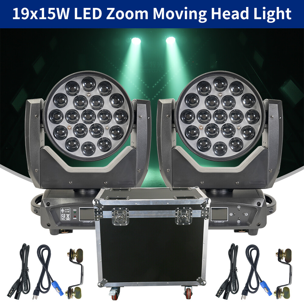 2PCS 19X15W Zoom Wash Beam Light with Flight Case RGBW Moving Head Stage Light