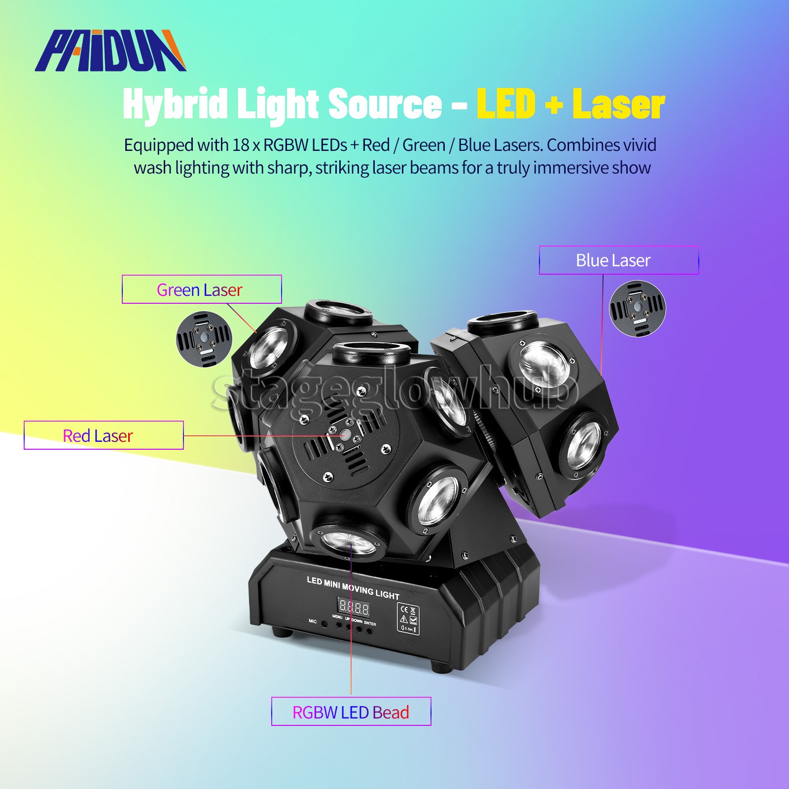 PAIDUN 200W 18LED RGBW Beam Rotation Laser Moving Head Disco Light DJ Show Event