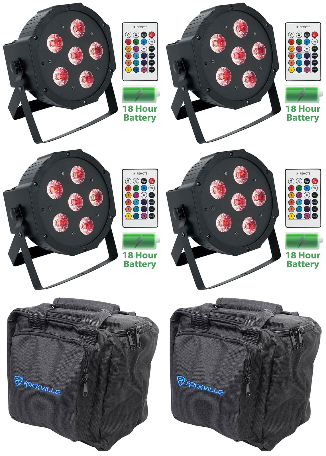 4 Rockville BATTERY PAR 61 Rechargeable RGBWA+UV DMX DJ Wash Lights+Remotes+Bags