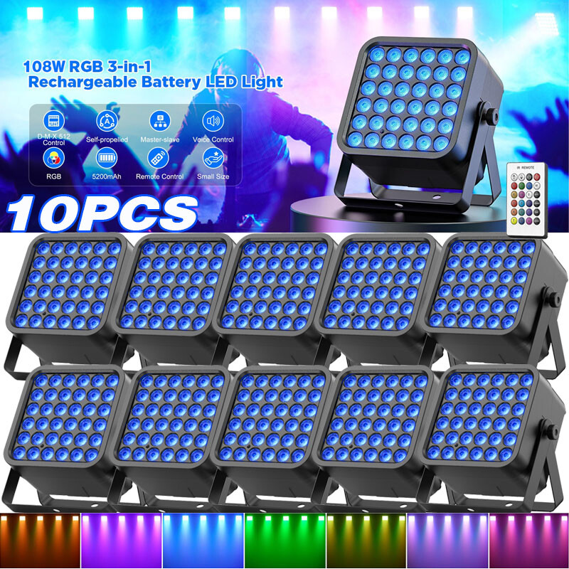 10X Rechargeable Par Light 108W RGB Battery Powered Wireless 36LED DJ DMX Remote