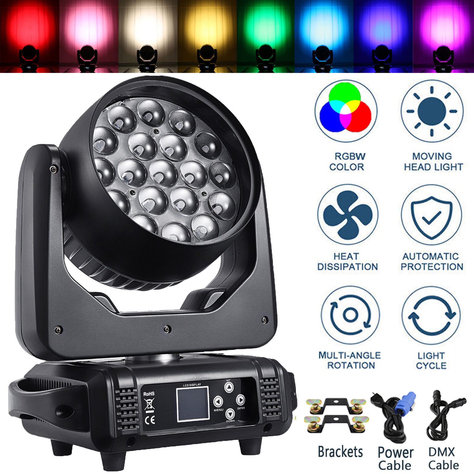 2PCS DMX 19x15W RGBW LED Wash Zoom Moving Head Beam Light DJ Party Stage Light