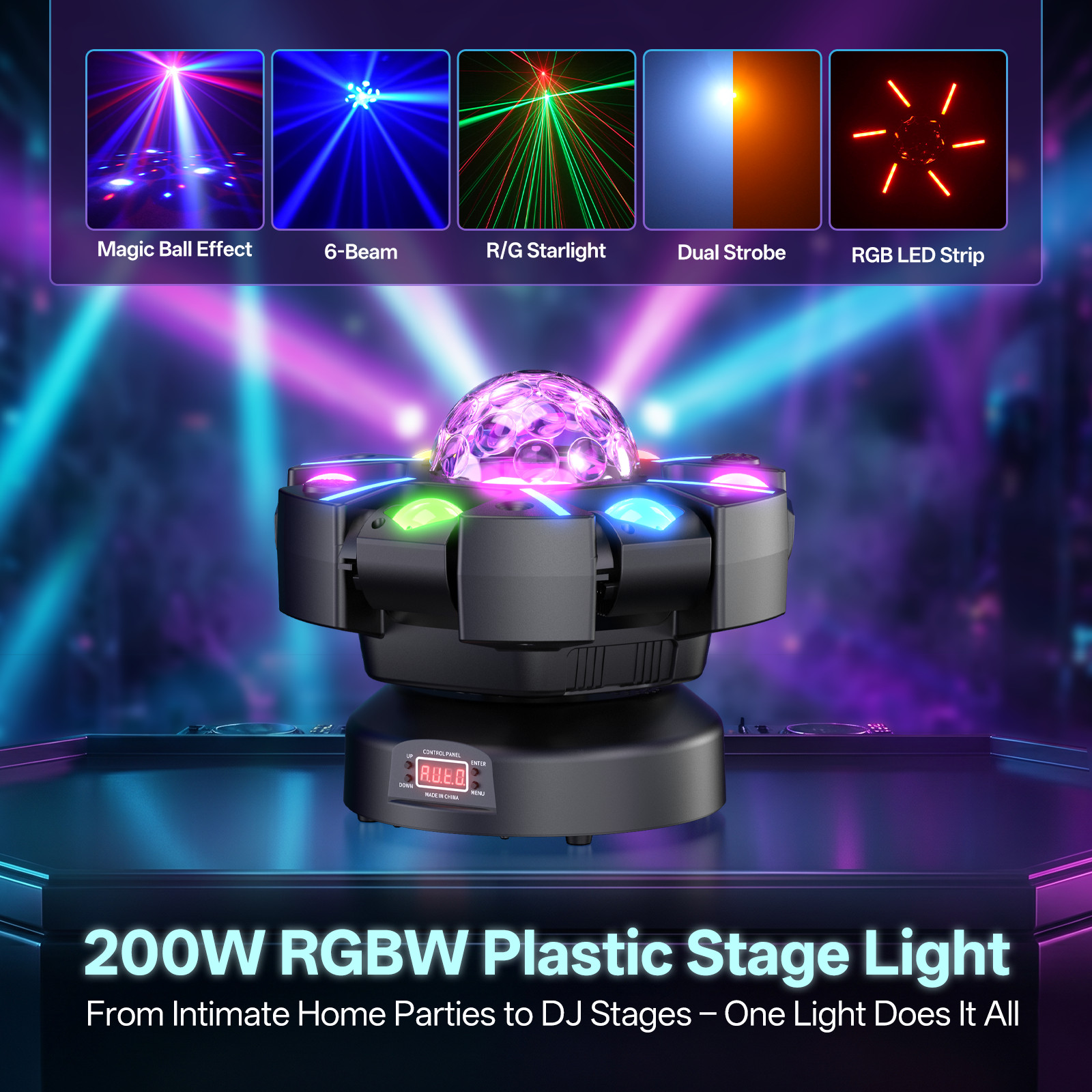 6-Arm 200W DJ Stage Light Magic Ball Laser Beam DMX512 Sound Active Party Beam