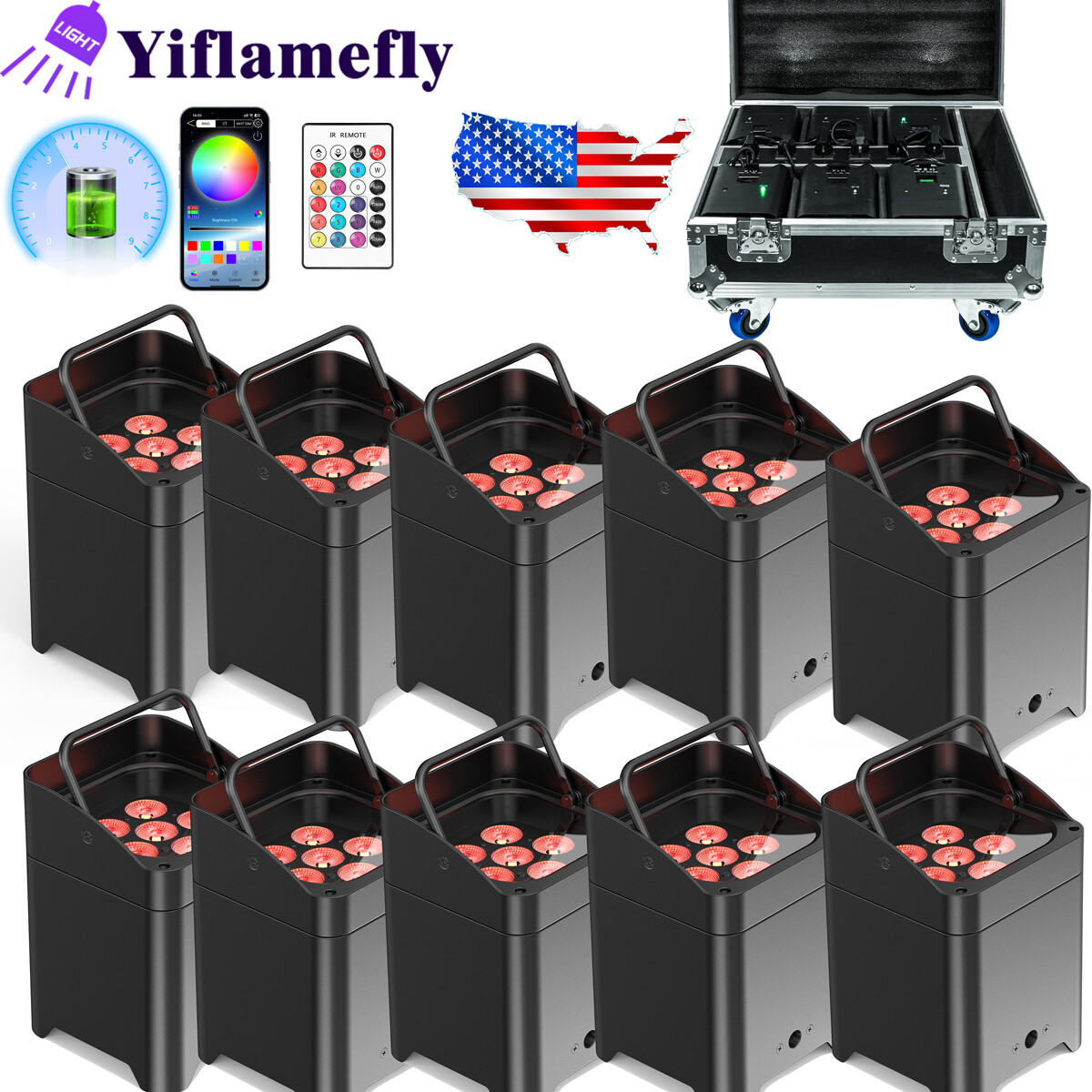 Wireless Stage Par Light Battery Uplight 6x18W 6in1 RGBWA UV Rechargeable Case