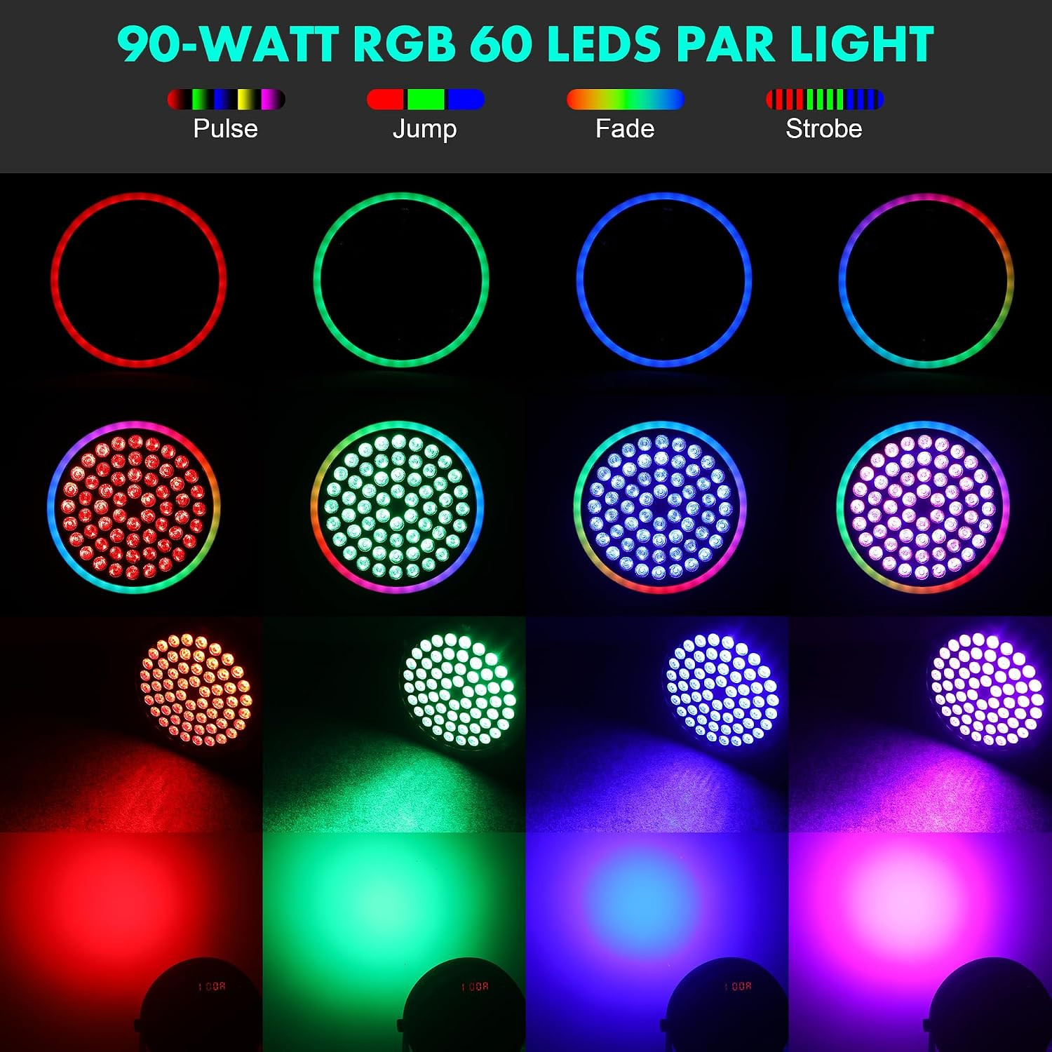 90W RGB Stage Par Lights with Ambient Light Strip – Dual Layer Halo Effect, DMX5