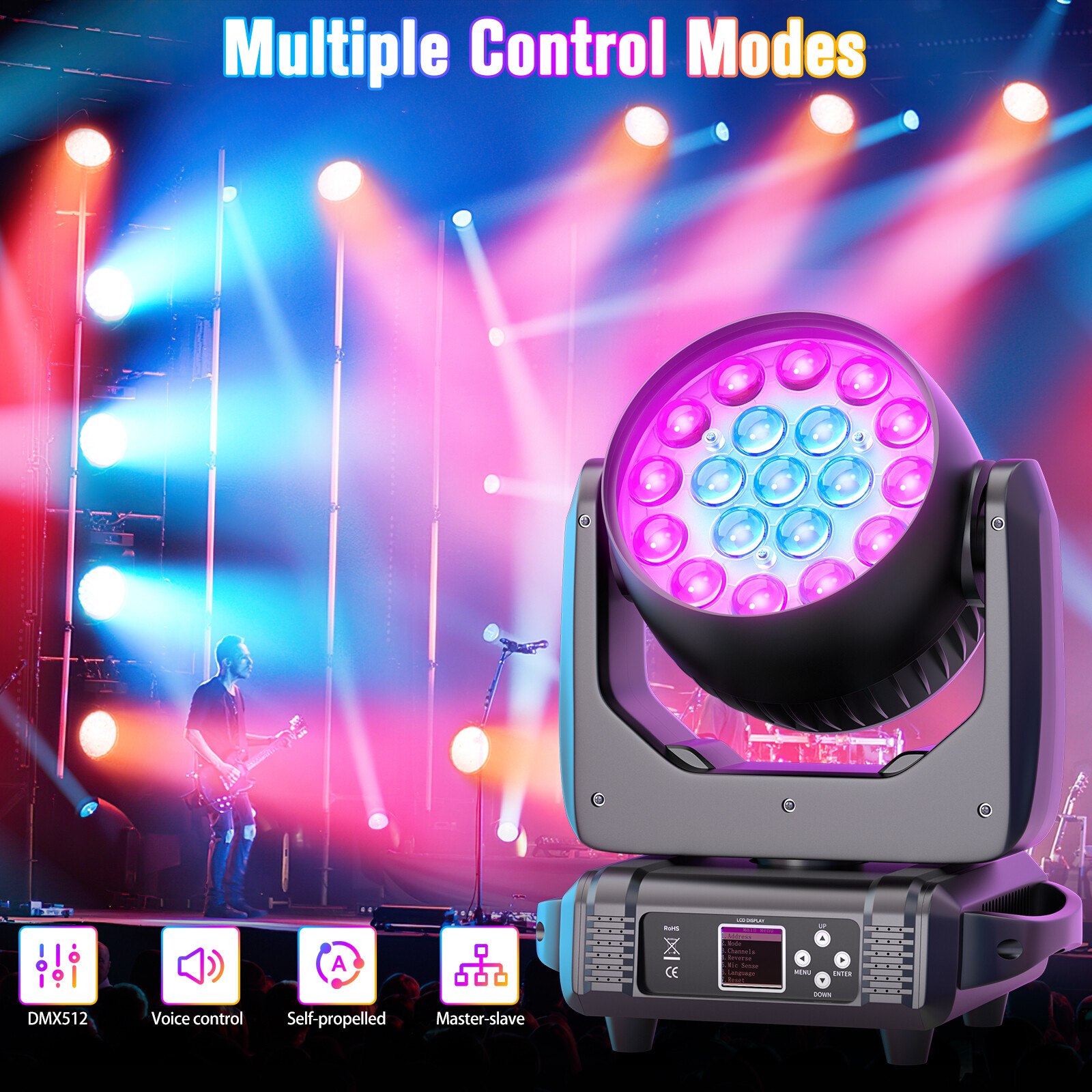 19x15W LED Zoom Moving Head Stage Light RGBW DMX Beam Disco Bar with Flight Case