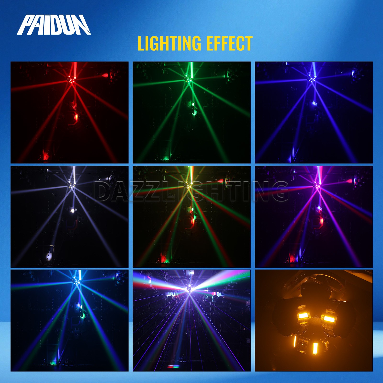 PAIDUN 3Heads Rotation LED RGBW Moving Head Disco Light Beam Strobe Laser Effect