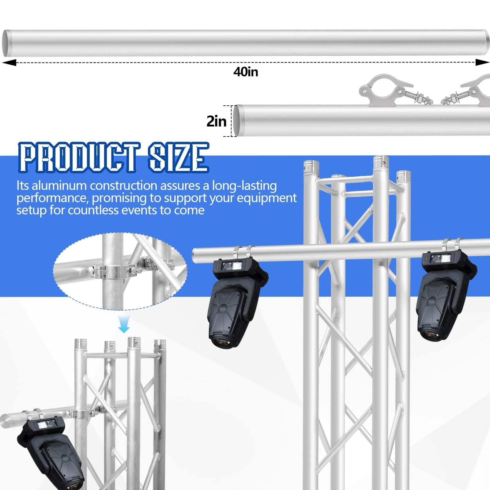 Yaocom 1 Pcs 40 Inch Aluminum Truss Mounting Pole Extension, Dual Clamp Cross…