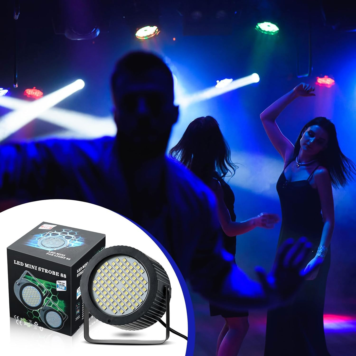 2 Pack 88-LED Strobe Lights, Sound & Speed Modes, Blue DJ/Stage Lighting & Event