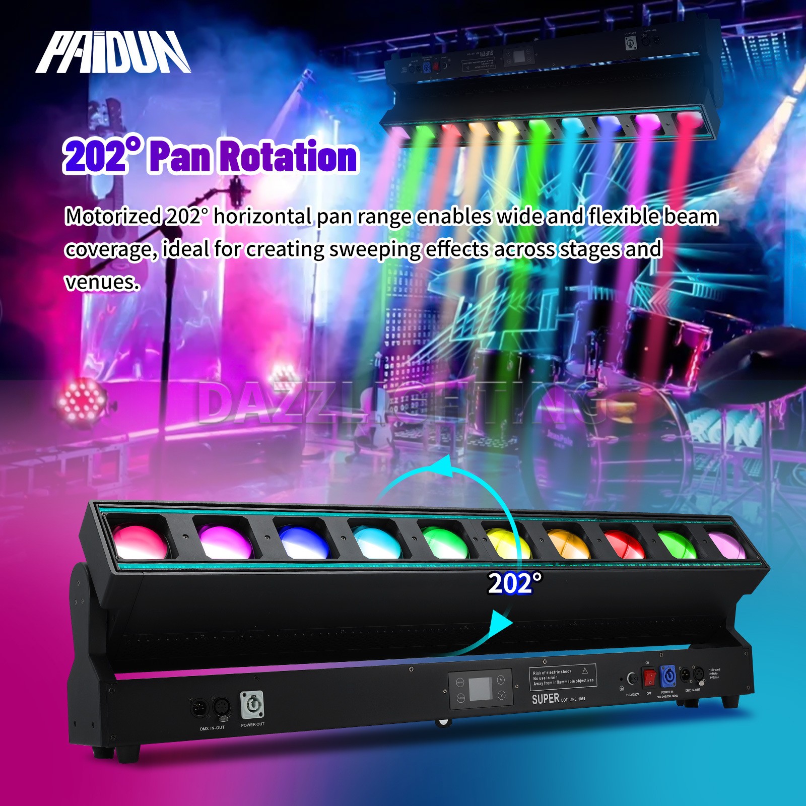 PAIDUN 1155W LED RGBW Moving Head Light Bar 10x60W Zoom Wash Effect DJ Disco Bar