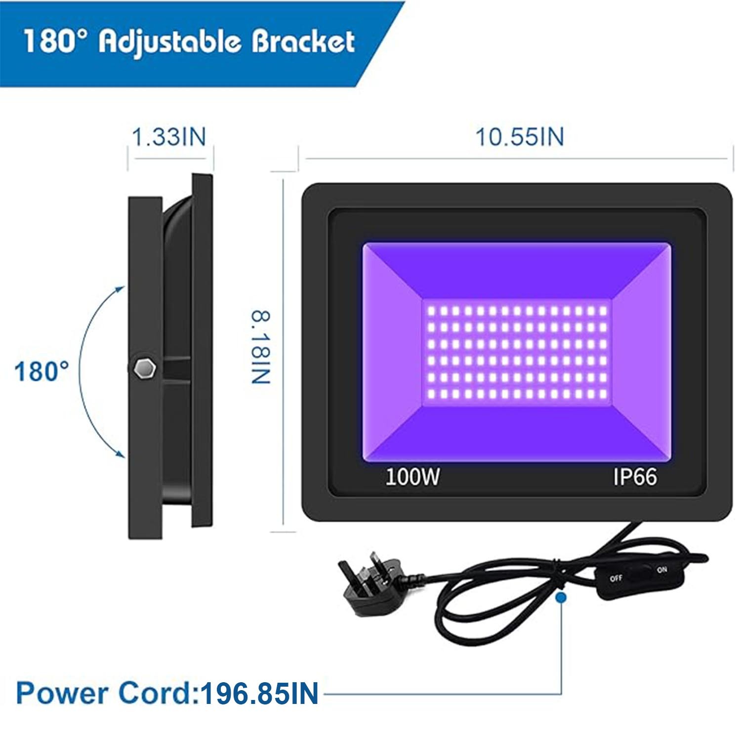 2 Pack 100W UV Black Light, IP65 Waterproof, Glow Party Light, Stage Lighting, H