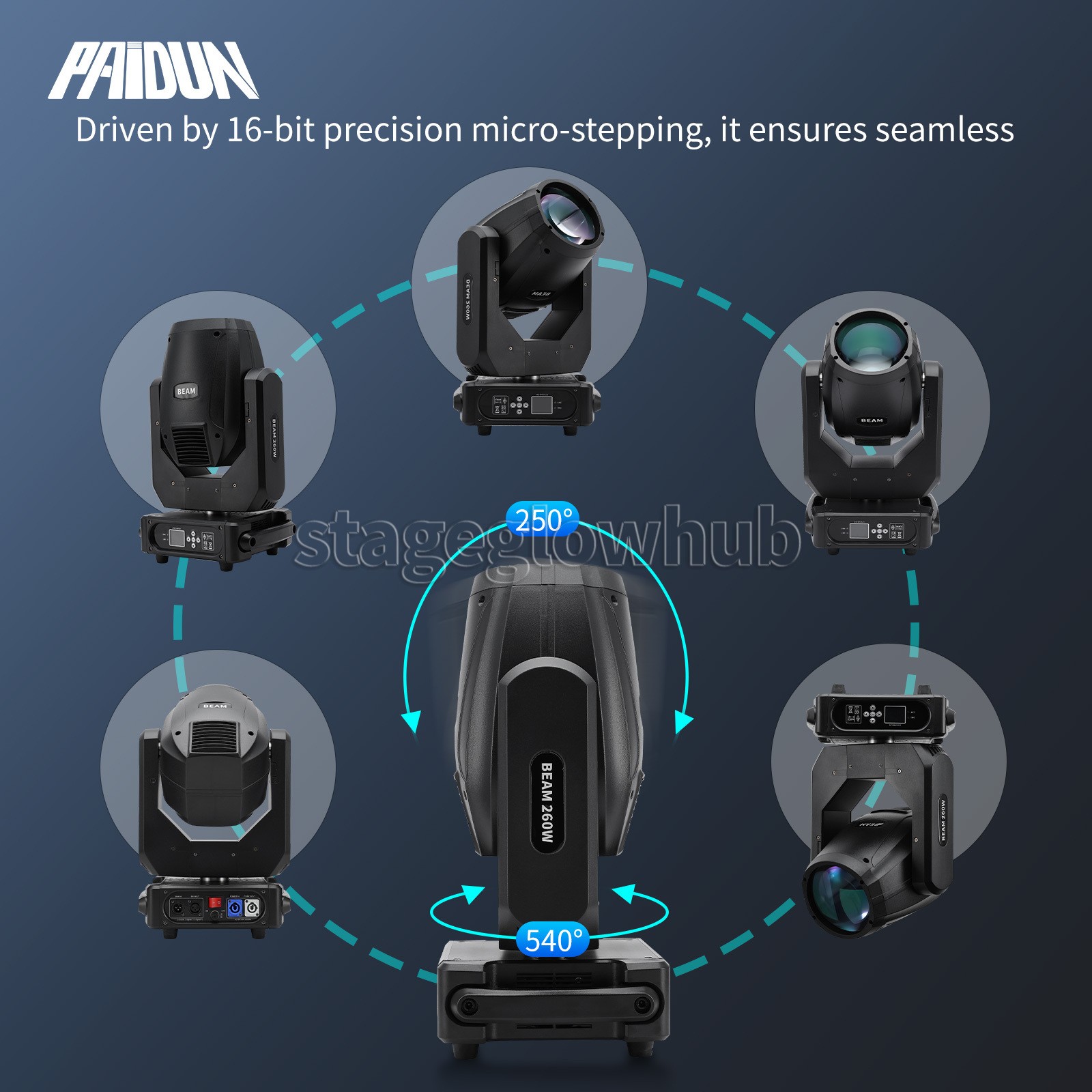PAIDUN 260W 10R RGBW Beam Moving Head Light Double 16 Prism DJ Club Disco Show