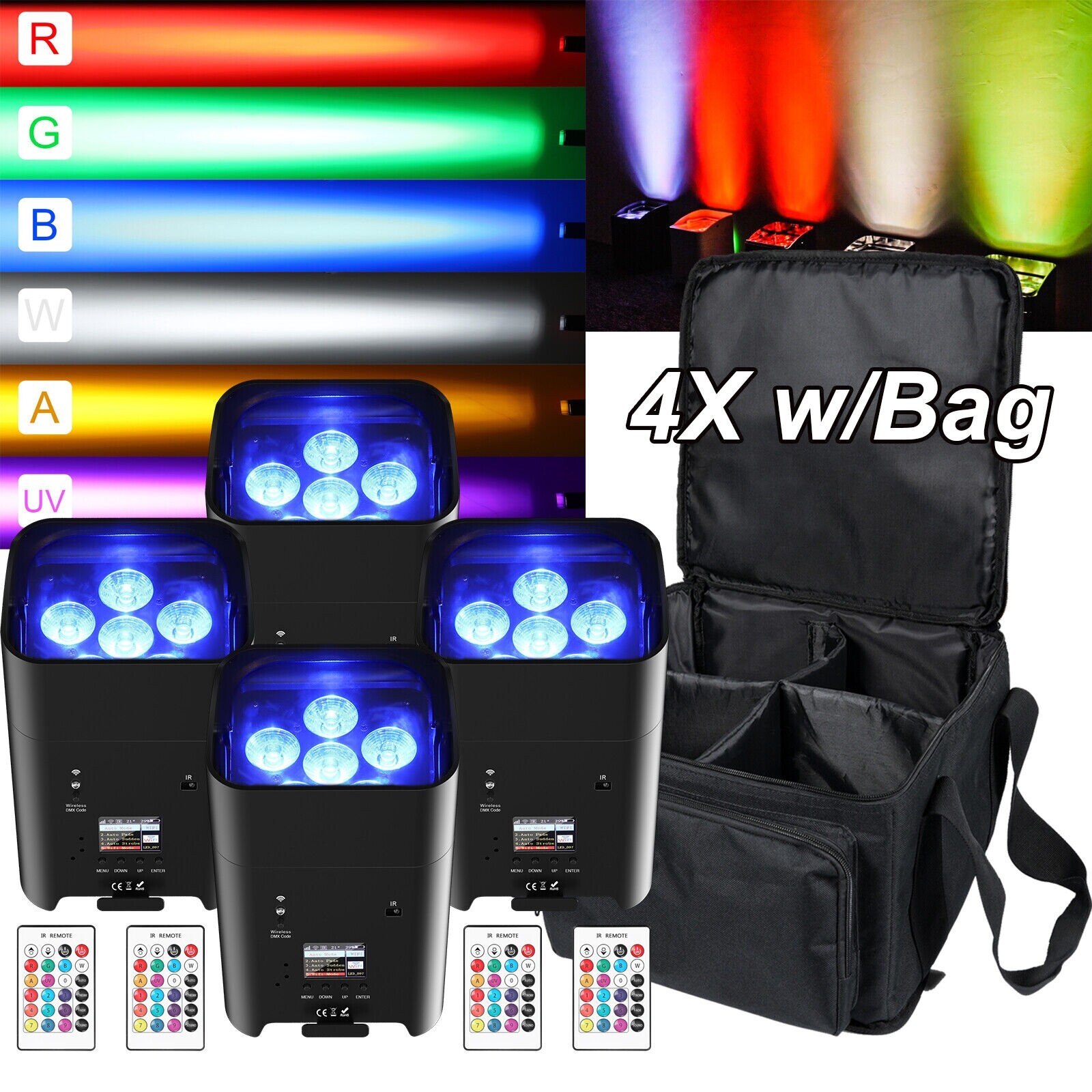 4PCS Uplighting APP Wireless Rechargeable 6x18w RGBWA+UV LED Par Light with Bag