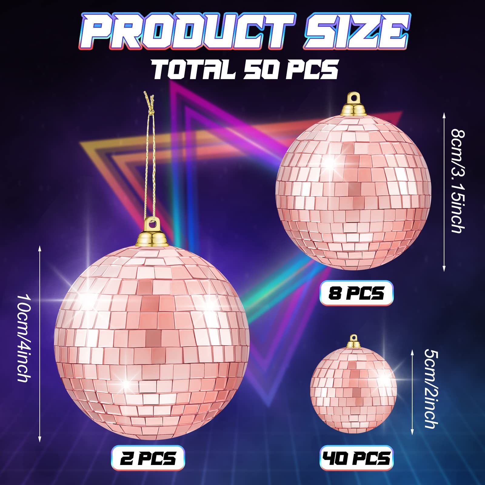 50 PCS Rose Gold Disco Balls Reflective Mirror Ball Ornaments MultiSize