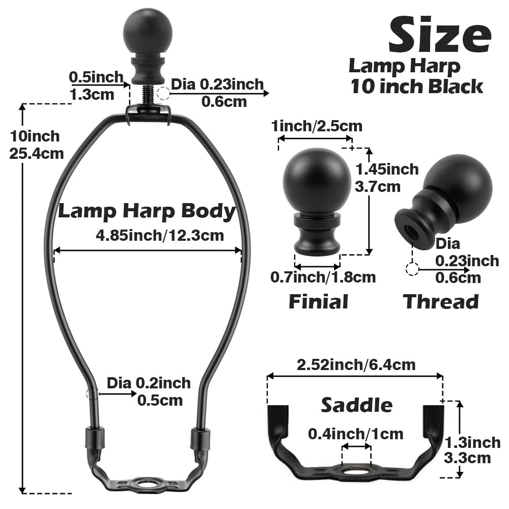 2 PCS Black 10 Inch Lamp Shade Harp Holder Finial Detachable Bracket Adapter