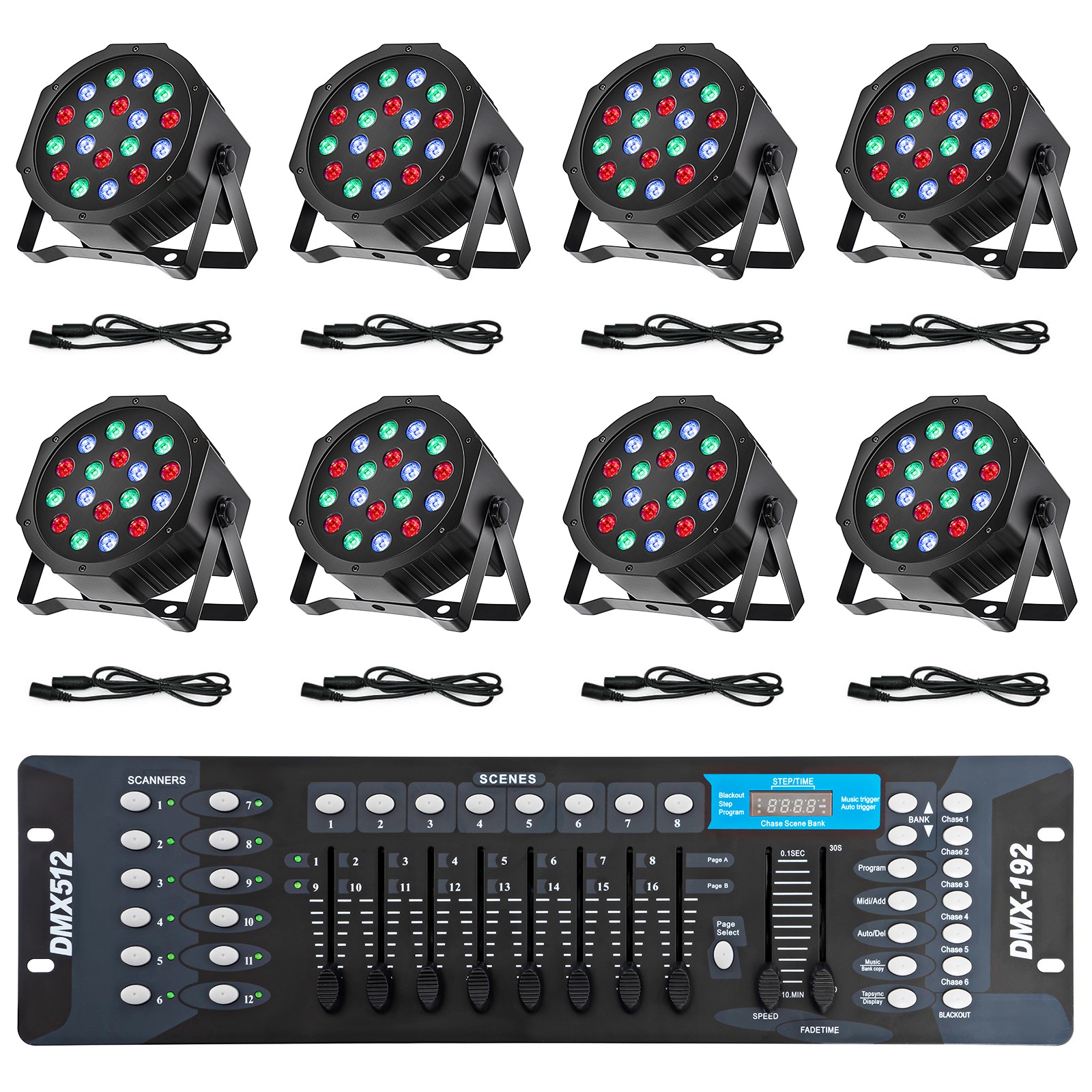 LED Stage Lights DMX 8 pcs 18x3W RGB Par Can Lights Package with DMX Controller