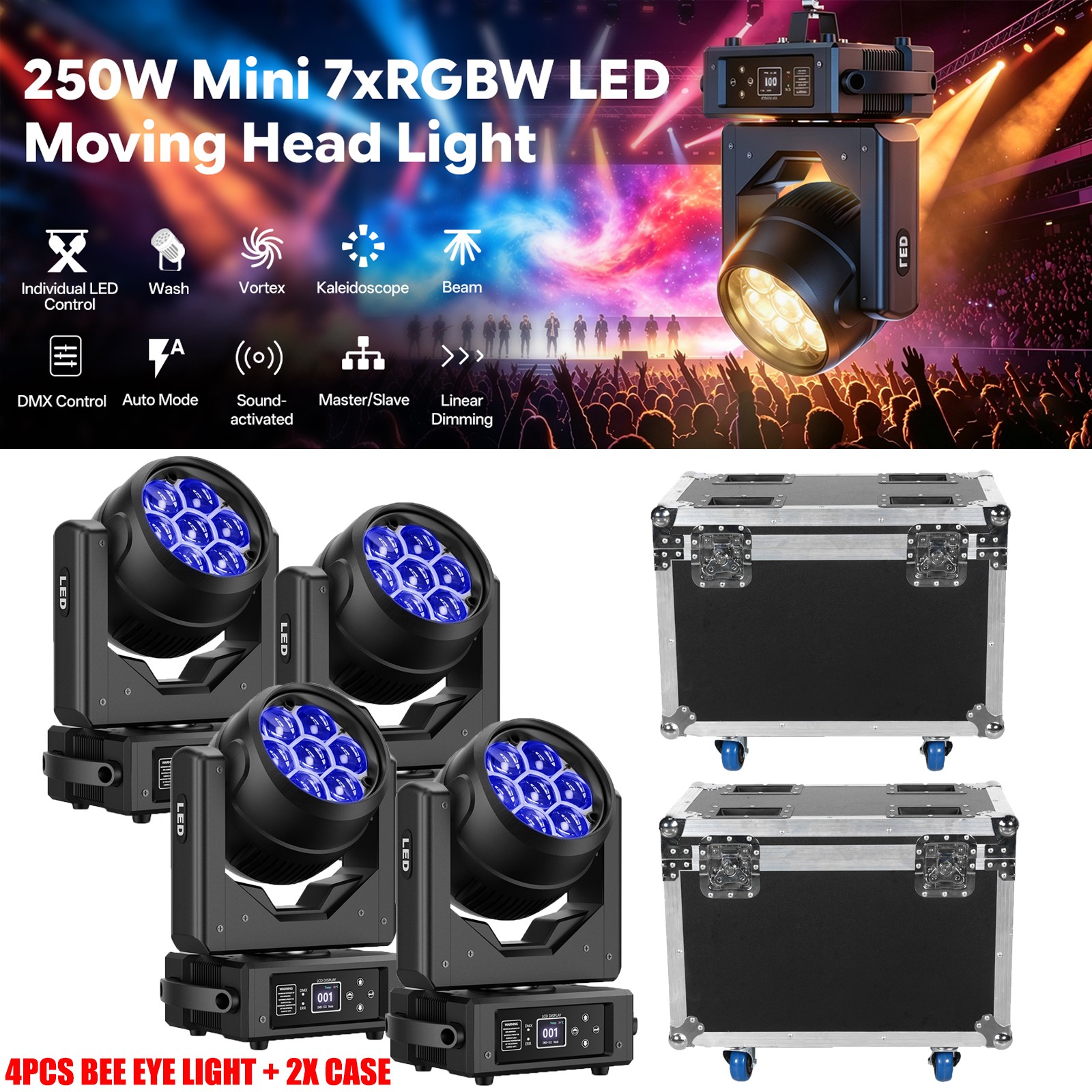 4PCS 7LED RGBW Zoom Wash Beam Moving Head Light 250W Wedding Theater Event DMX