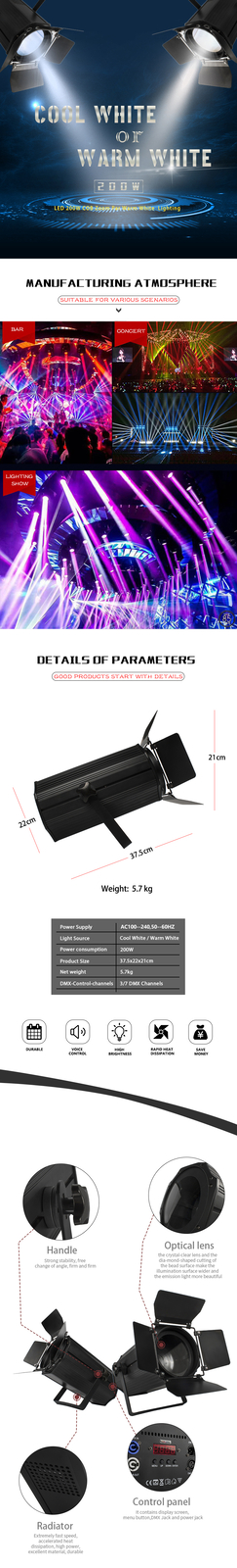 200W Warm Cool White COB LED Par Can Light DMX Stage DJ Spot Light with Barndoor