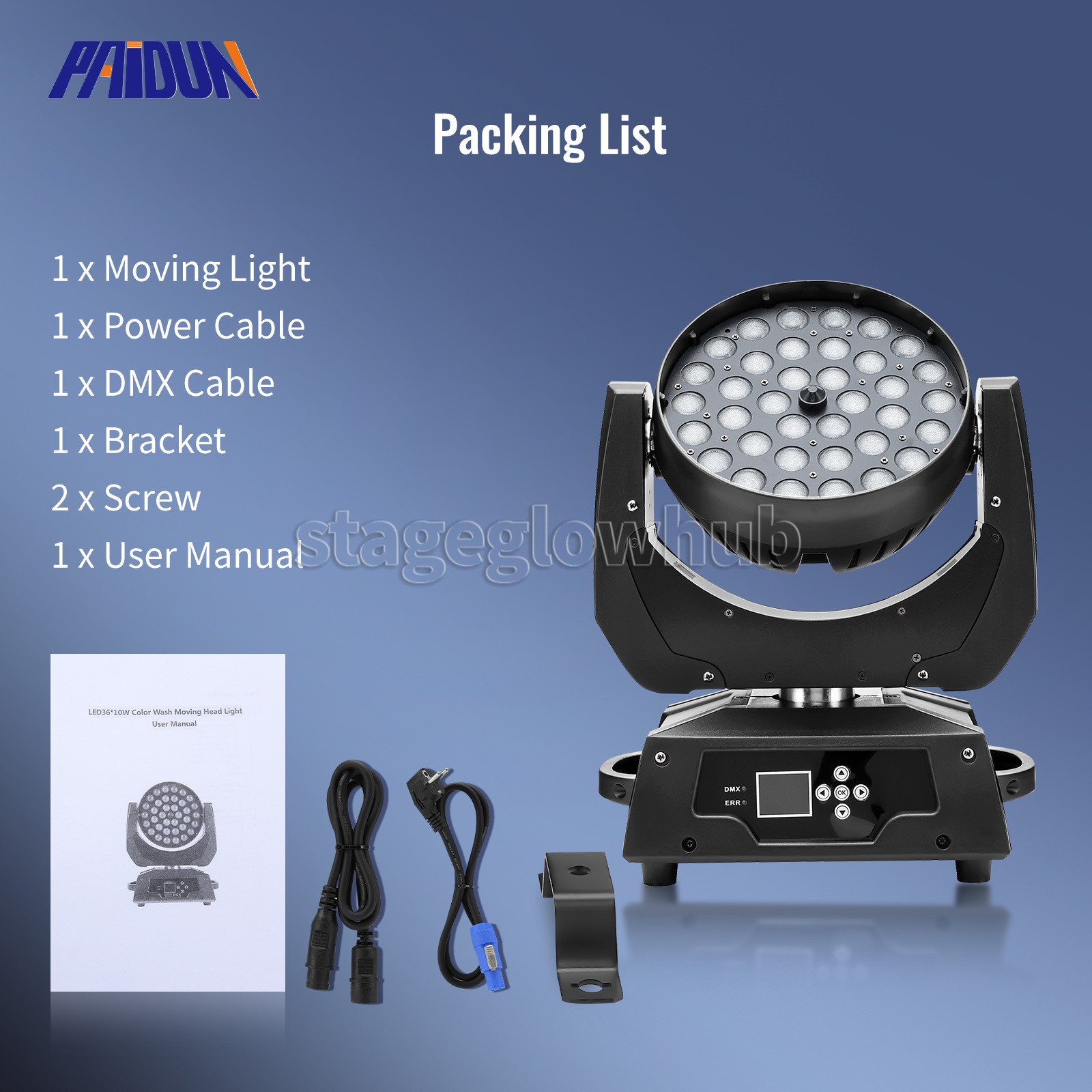 PAIDUN 36x10W 4IN1 RGBW Zoom Moving Head Stage Light Wash Beam Effect Lighting